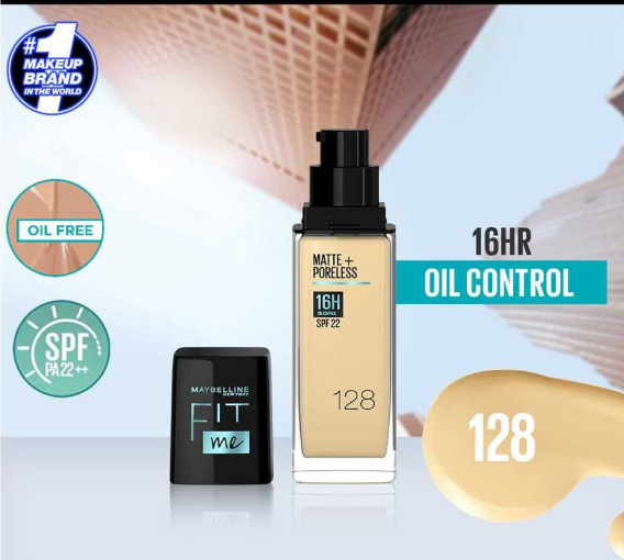 Maybelline New York New Fit Me Matte + Poreless Foundation, 128 Warm Nude, 30ml